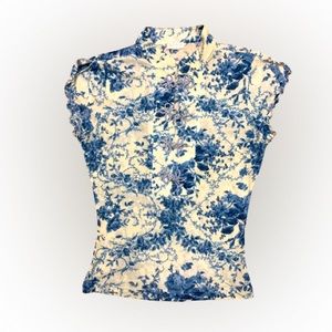 XOXO Ivory and Blue Peony Sheer Top With Chinese Knots Women Size Small